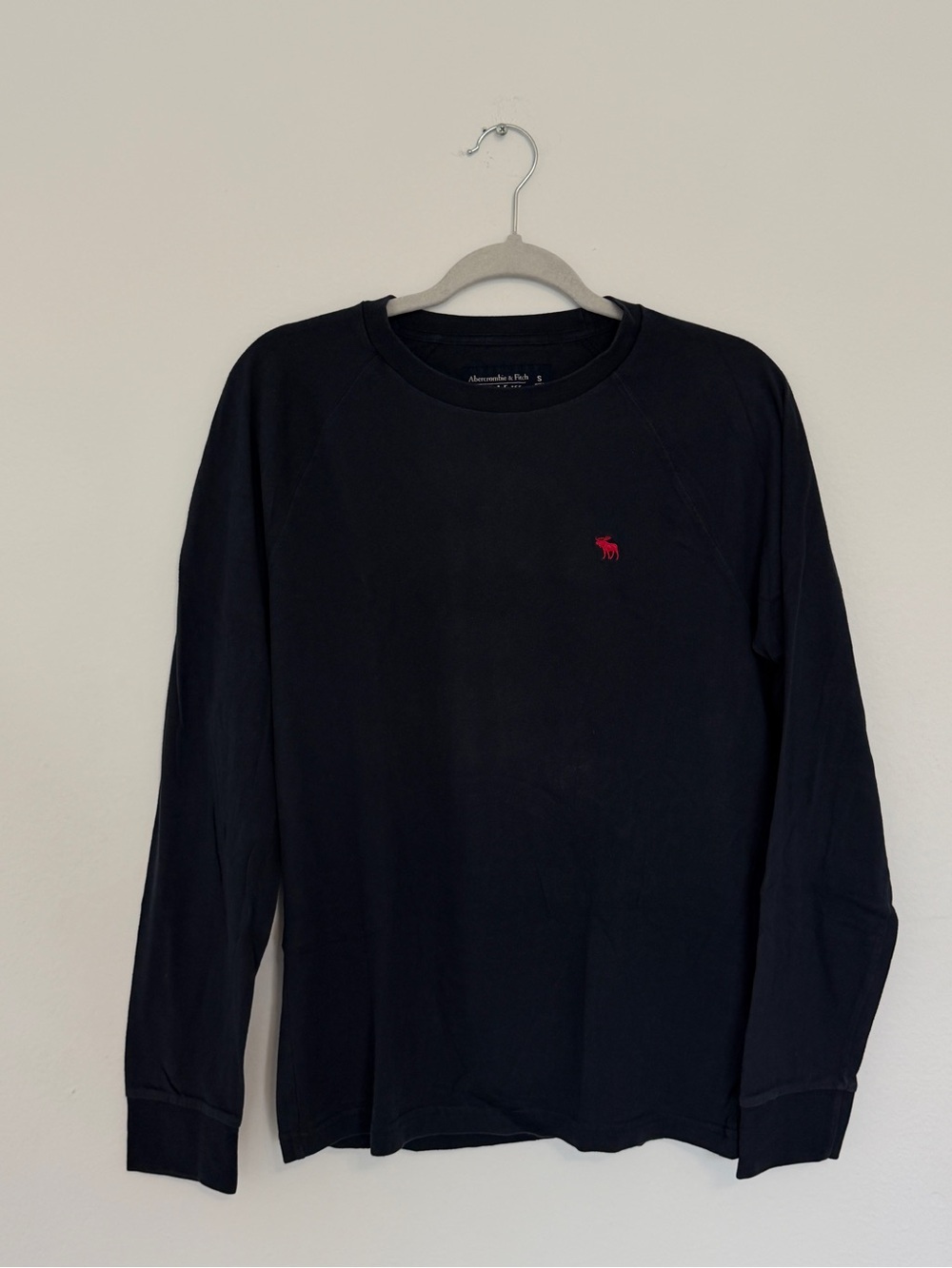 Abercrombie & Fitch Men's Dark Navy Long-Sleeve Crew with Red Logo